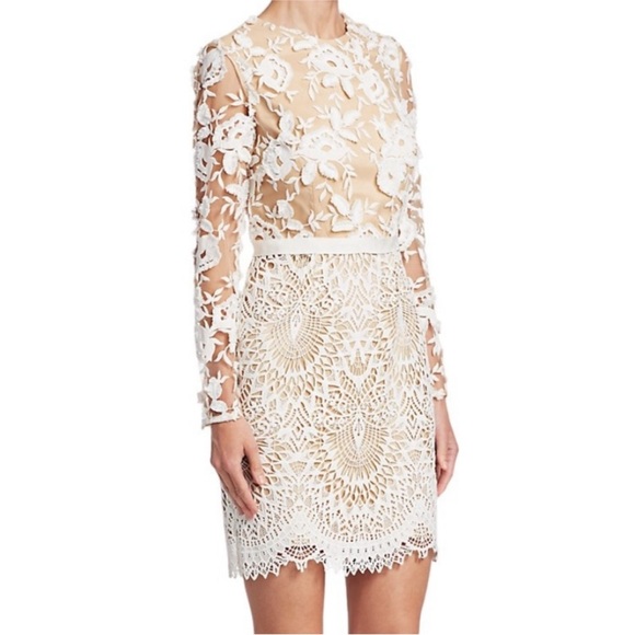 ML Monique Lhuillier White & Beige nude Lacey Cocktail formal Dress xs 3D Sz 2 - Picture 13 of 17